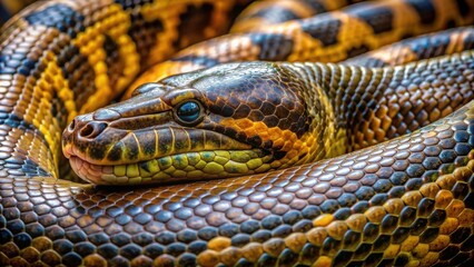 Fototapeta premium Close up shot of a large anaconda showing intricate scales and patterns on its skin, snake, reptile, wildlife, exotic