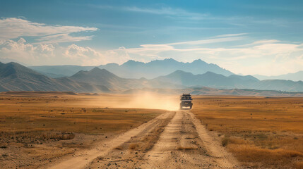 Fototapeta premium A truck speeding across a wide, open plain with dust trailing behind, heading towards distant mountains under a vast, clear sky, capturing the freedom of off-road travel