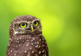 Obraz premium brown cute wild owl isolated on green with copy space