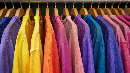 A stunning array of brightly colored shirts hangs neatly on wooden hangers in a retail shop, showcasing a summer-inspired spectrum of hues to attract shoppers.