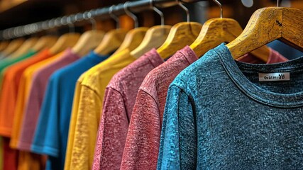 The video highlights a wide array of colorful t-shirts hanging in a stylish clothing store. Each shirt displays unique textures and hues, inviting shoppers to explore their options.