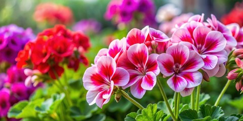 Obraz premium Close up of colorful Geranium Pelargonium flowers in full bloom, Geranium, Pelargonium, flowers, bloom, colorful, close up, garden