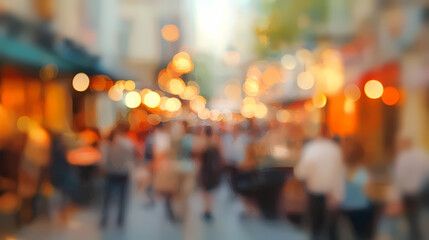 Abstract blurred background of a bustling city street, capturing the vibrant energy and movement of urban life in a colorful bokeh. Crowded Caf. Illustration