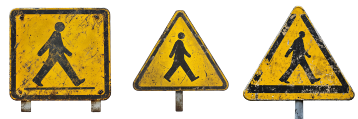 Yellow warning sign depicting a pedestrian crossing  isolated on Transparent