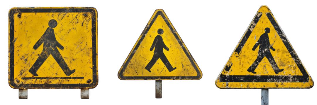 Yellow warning sign depicting a pedestrian crossing  isolated on Transparent