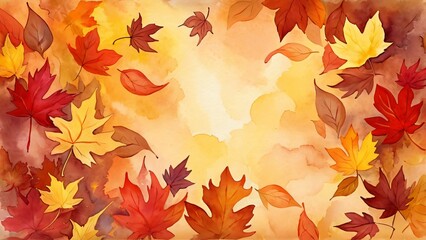 Watercolor autumn leaves on a soft gradient background in warm hues of orange and red