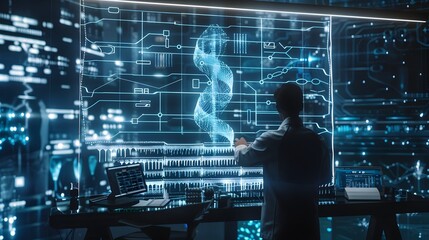 Futuristic Lab Scientists Use Holographic Interfaces to Edit and Visualize Genetic Sequences for Enhanced Intelligence