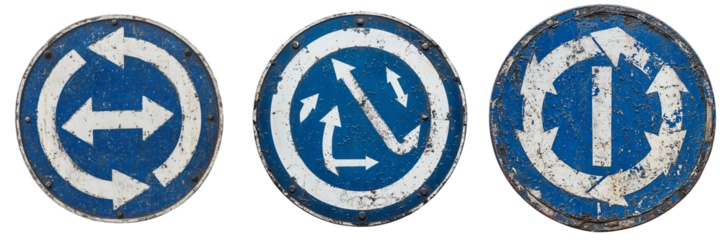 Roundabout traffic sign in blue and white, showing arrows in a circular direction isolated on Transparent