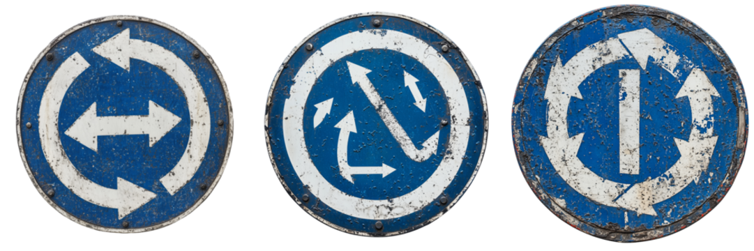 Roundabout traffic sign in blue and white, showing arrows in a circular direction isolated on Transparent