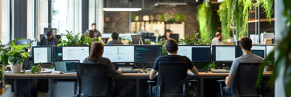 Poster a group of developers engages in collaborative work at a tech startup, surrounded by computers and g