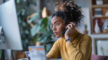 A worried individual holding a Social Security card while talking on the phone, with a computer screen showing identity theft resources in the background