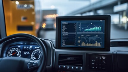 A truck fuel efficiency dashboard, showing real-time data and tips to optimize fuel consumption