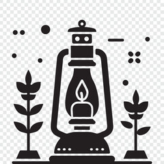 a black and white drawing of a lantern with a plant in the middle.illustration of an lamp