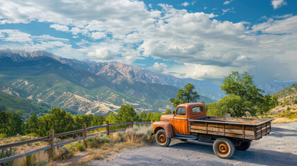 Obraz premium A vintage truck with custom wooden side panels, parked on a scenic overlook with mountains in the background, capturing the spirit of classic road trips