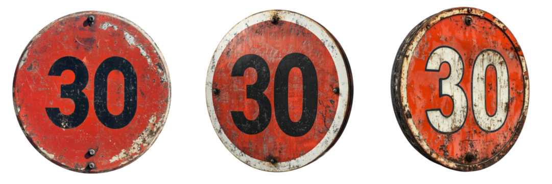 A red maximum speed limit 30 sign in a circle isolated on Transparent - Powered by Adobe
