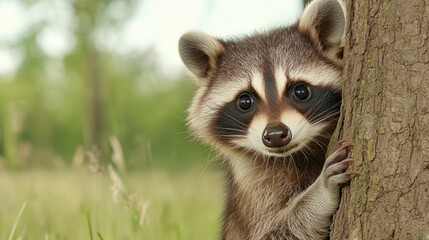Obraz premium A raccoon peeking out from behind a tree in the grass, AI