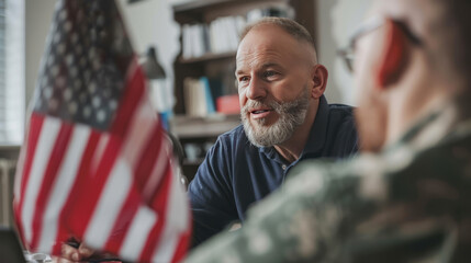 A veteran discussing Social Security benefits with a counselor, with a military flag in the background, emphasizing personalized support for veterans
