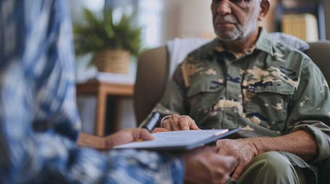 A veteran receiving assistance with Social Security benefits at a VA office, with an advisor guiding them through the process, emphasizing specialized support