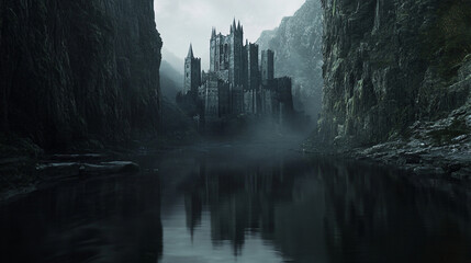 A haunted castle reflected in the water of a still, dark lake, surrounded by towering cliffs.