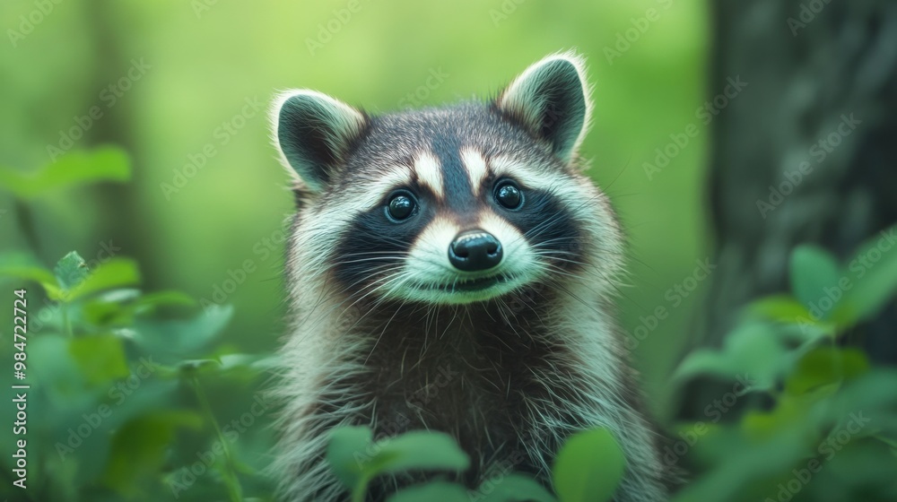 Poster A raccoon is standing in the middle of a forest, AI