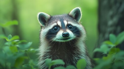 Fototapeta premium A raccoon is standing in the middle of a forest, AI