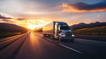 A truck speeding down the highway, with mountains in the background and the sun setting on the horizon