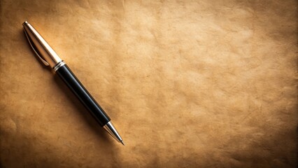 Black pen resting on vintage brown paper background , vintage, empty, blank, paper, texture, retro, old, antique, nostalgia