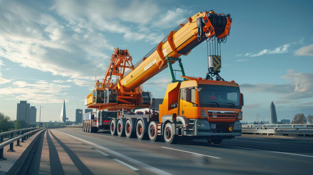 A truck transporting a heavy crane on a highway, with the machinery towering over the cab, heading towards a city skyline in the distance, highlighting the movement of industrial equipment
