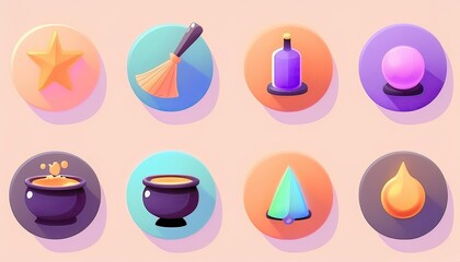 halloween magical 3D icon set with witchy elements such as a bubbling cauldron, crystal ball, broomstick, spell book, potion bottle, and a pentagram.