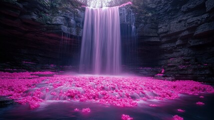 Enchanting pink waterfall cascading into a tranquil pool surrounded by lush rocks and vibrant flora