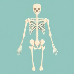 Detailed illustration of a human skeleton on a teal background, showcasing anatomical structure and bone design for educational purposes.