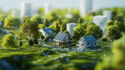 Eco-friendly houses with solar panels in a lush, green neighborhood, highlighting sustainable living and renewable energy.