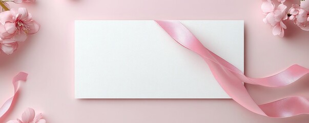 Elegant postcard mockup with pink ribbon for breast cancer awareness fundraising campaign featuring cherry blossoms