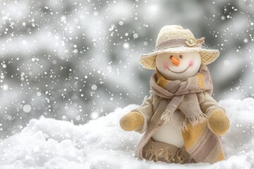 cute snowman woman in hat. place for congratulations