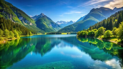 Fototapeta premium Beautiful landscape of a serene lake surrounded by lush green mountains and a clear blue sky , serene, landscape, lake, mountains