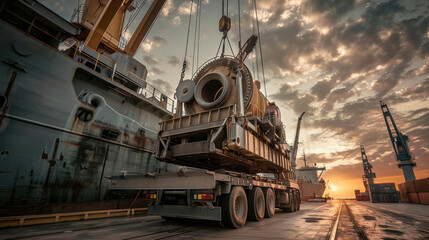 A truck loading a large piece of industrial equipment onto a ship at a dock, with cranes lifting cargo in the background, showcasing the global movement of heavy machinery