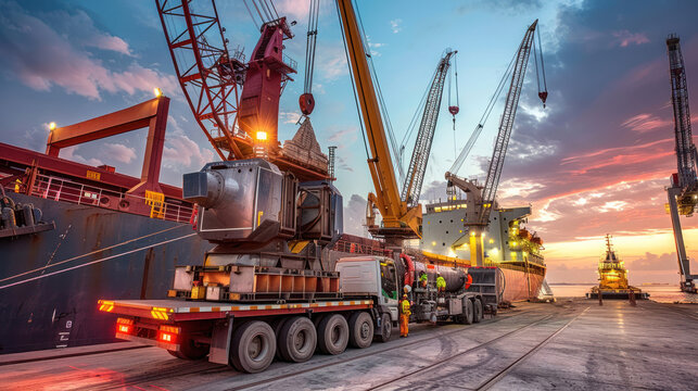 A truck loading a large piece of industrial equipment onto a ship at a dock, with cranes lifting cargo in the background, showcasing the global movement of heavy machinery