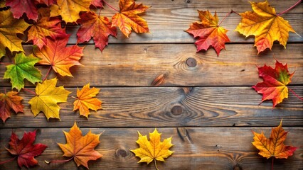 Obraz premium Autumn maple leaves scattered on a wooden table , fall, foliage, seasonal, nature, background, wooden, texture, red