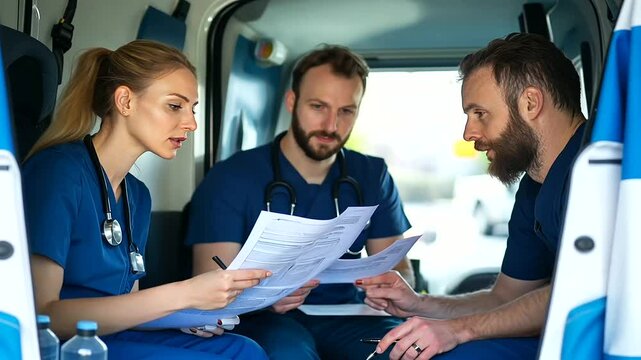 EMS team members inside their truck, calmly reviewing paperwork and completing reports.