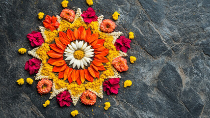 Vibrant rangoli design made with colorful flowers for Diwali celebration on a stone floor
