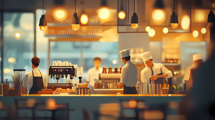 Blur coffee shop or cafe restaurant, blurred restaurant background with some people and chefs and waiters working. Crowded Caf. Illustration