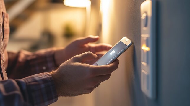 Close-up of a man pressing a light switch, with an electric socket, plug, and smartphone in view
