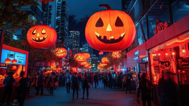 Urban Halloween festival with vibrant giant jack-o'-lanterns lighting up a bustling modern city block at night
