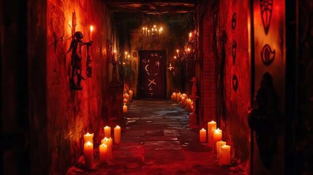 Mysterious New Orleans-style alleyway with candles and voodoo symbols for haunting Halloween atmosphere