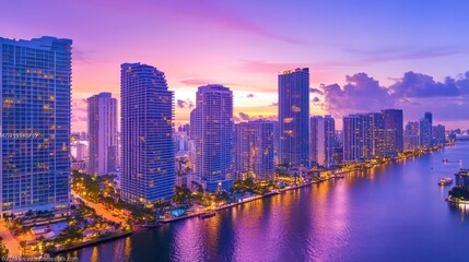 Fototapeta premium A vibrant Miami skyline at sunset, showcasing high-rise condos and waterfront properties with vibrant colors and palm-lined streets.