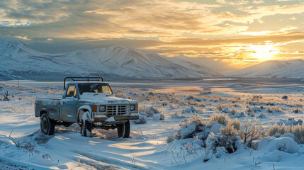 A truck covered in snow parked in a remote winter landscape, with the sun setting behind a range of snow-covered mountains, casting a golden glow over the scene