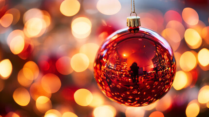 Obraz premium Christmas ornament with bokeh lights, holiday decoration, festive atmosphere, red bauble close-up, glowing background, joyful celebrations, winter season, Christmas concept