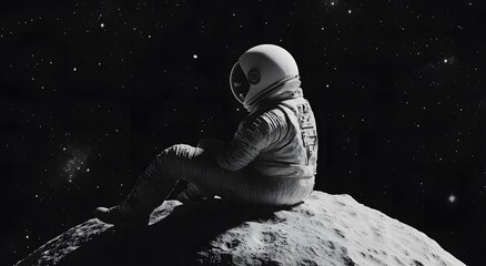 Naklejka premium An astronaut sitting on the moon, he is busy researching Chad. High quality digital space art and realistic visualizations