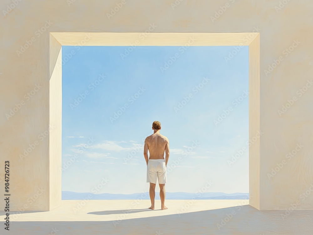 Wall mural Contemplative Man Framed in an Open Doorway, Exuding a Sense of Possibility and Reflection in a Natural Light Setting