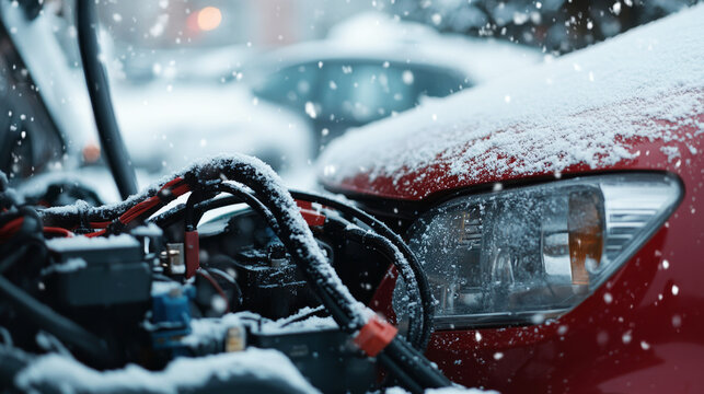 Car engine with jumper cables in snowy winter weather, emergency battery jump start concept